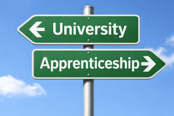 Road signs - Apprenticeship one way and University the other way.